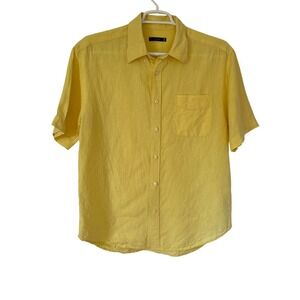 Vintage Y2K Visitor Mens 100% Linen Shirt L Yellow Short Sleeve Coastal Resort
